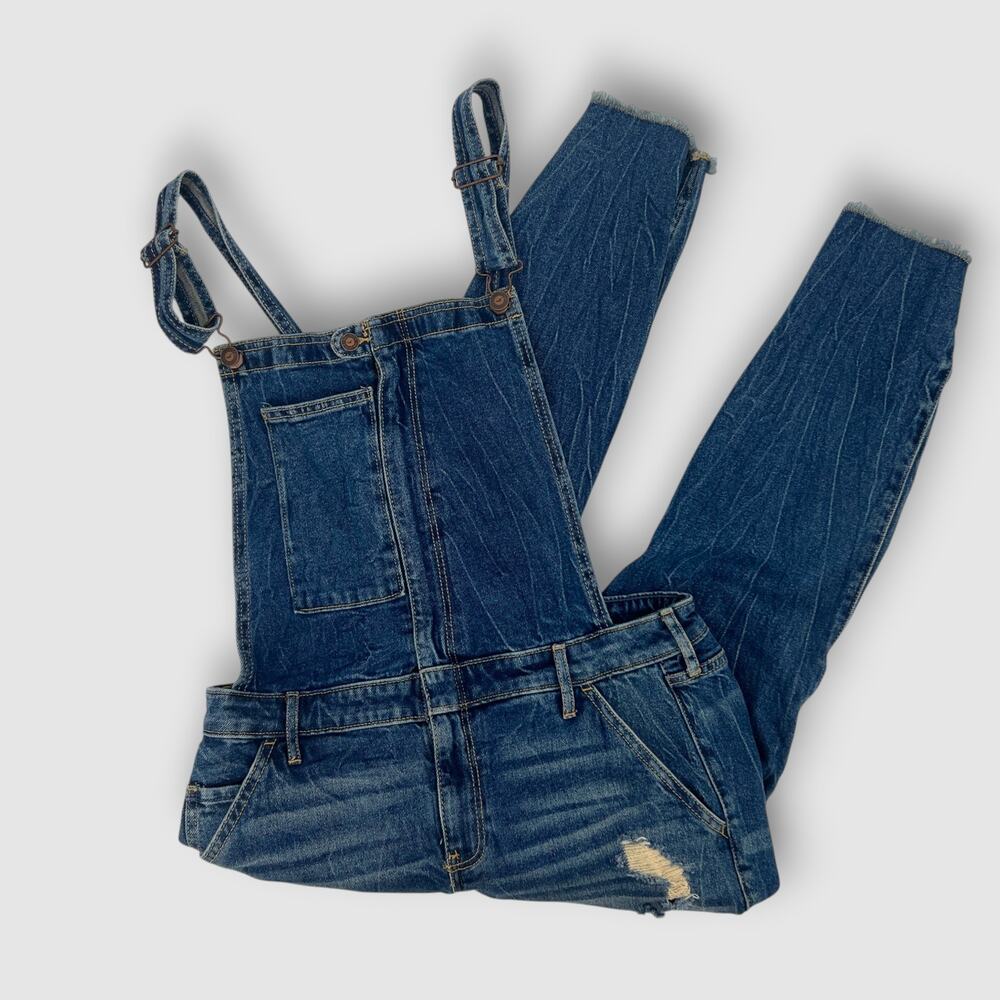 Hollister Crop Overall Vintage Stretch Distressed Denim Medium Wash Size Large